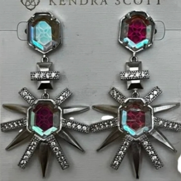 Kendra Scott Allie Statement Drop Earrings Silver Dichroic Glass New!! - Picture 3 of 9